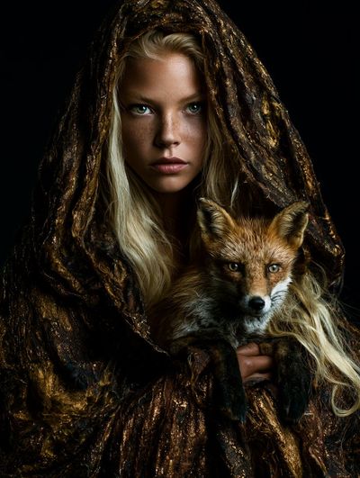 A young woman in a hooded cloak holds a red fox.