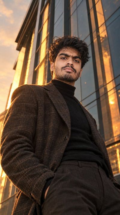 Low-angle golden hour portrait captures man in tailored plaid blazer