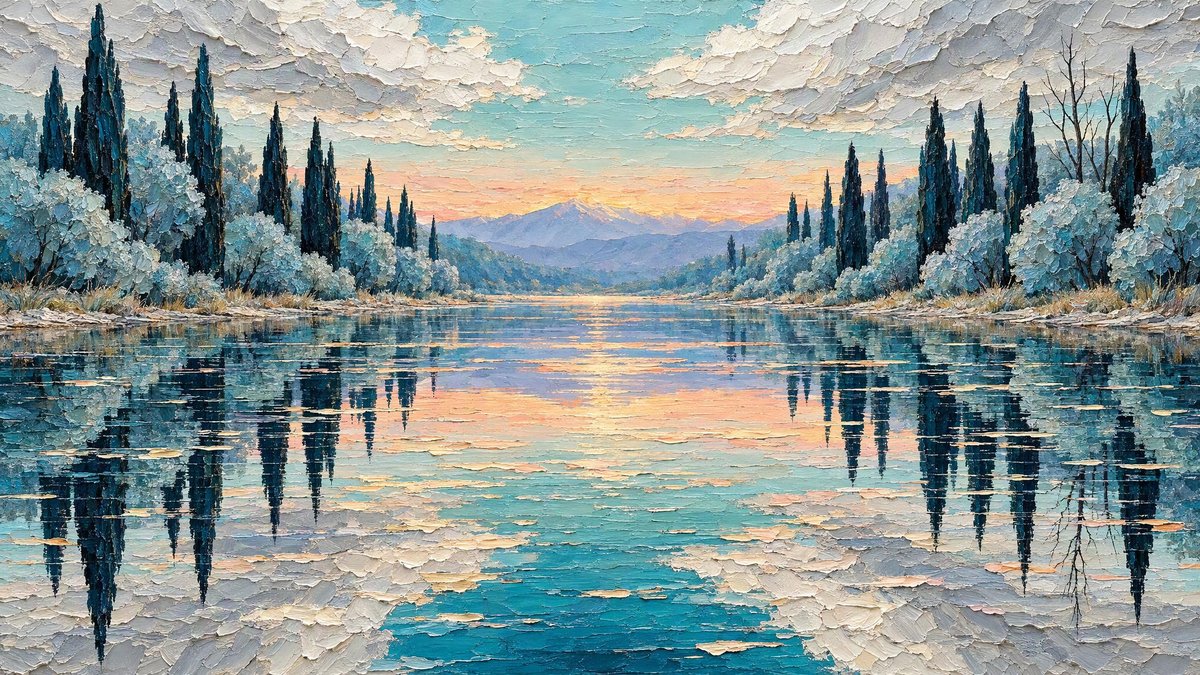 Still lake mirrors pale mountains in impasto oil painting