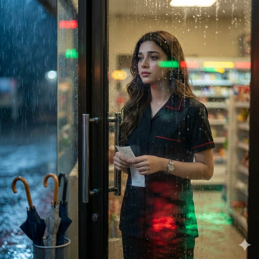 Rain-Streaked Reflection of a Thoughtful Cashier