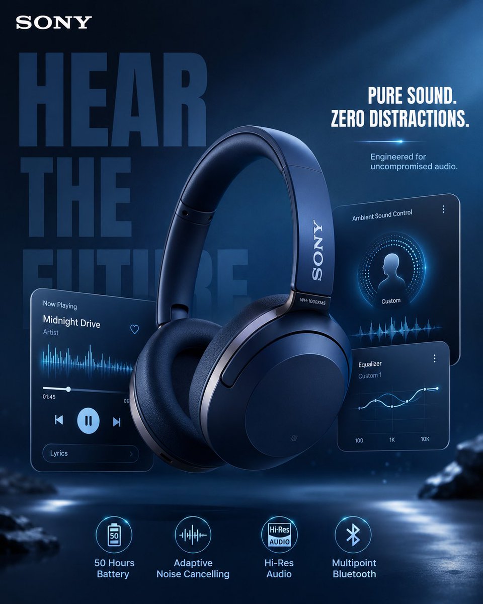 Sony Midnight Blue Headphones Float with Gleaming Metallic Reflections