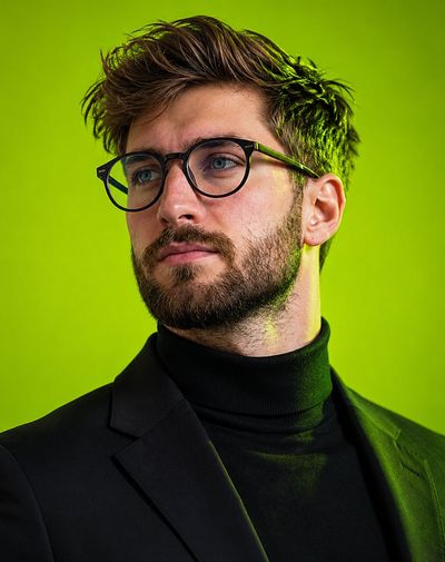Young man in black blazer poses with neon green rim lighting