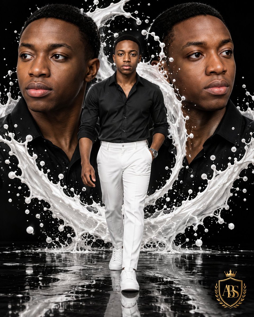 Man walks confidently amid a white liquid splash in black studio.