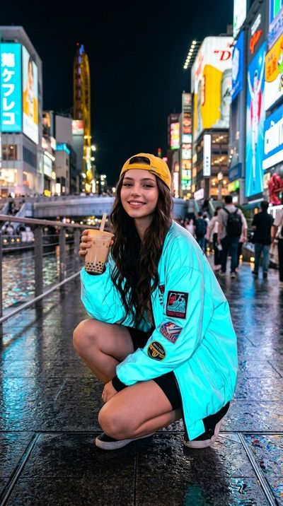 Young woman in cyan jacket crouches by canal at night