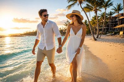 A couple walks hand in hand on a sunset beach.