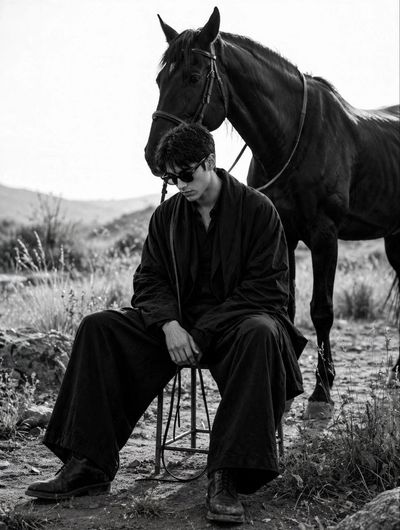 Stylish man sits on stool with black horse in countryside