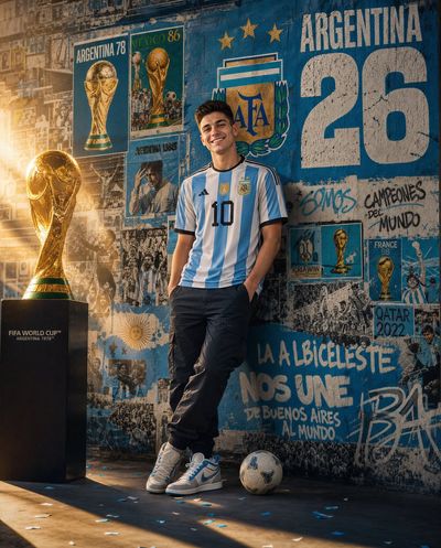 Argentina fan leans against football culture wall with trophy