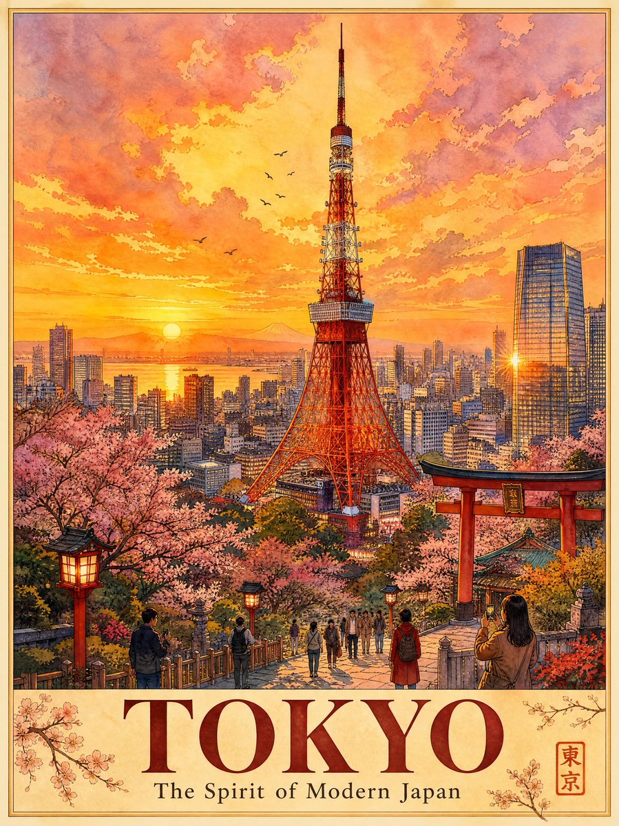 Tokyo Tower glows at sunset as cherry blossoms frame Mount Fuji