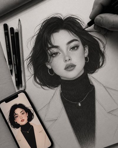 Artist sketches a girl's portrait from an iPhone reference