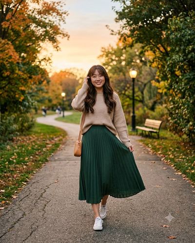 Golden Hour Stroll: Woman in Beige Sweater on Park Path