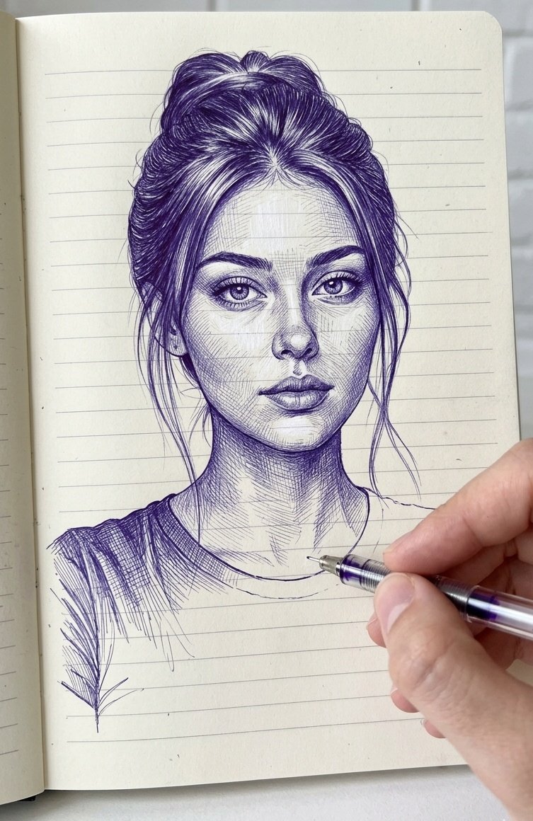 Violet ink sketch captures a hand drawing on textured paper