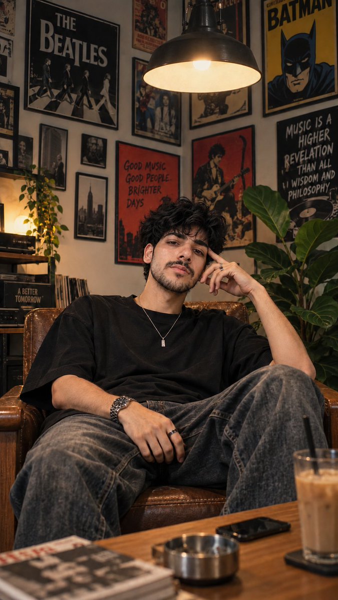 Young man in vintage armchair with music posters and iced coffee