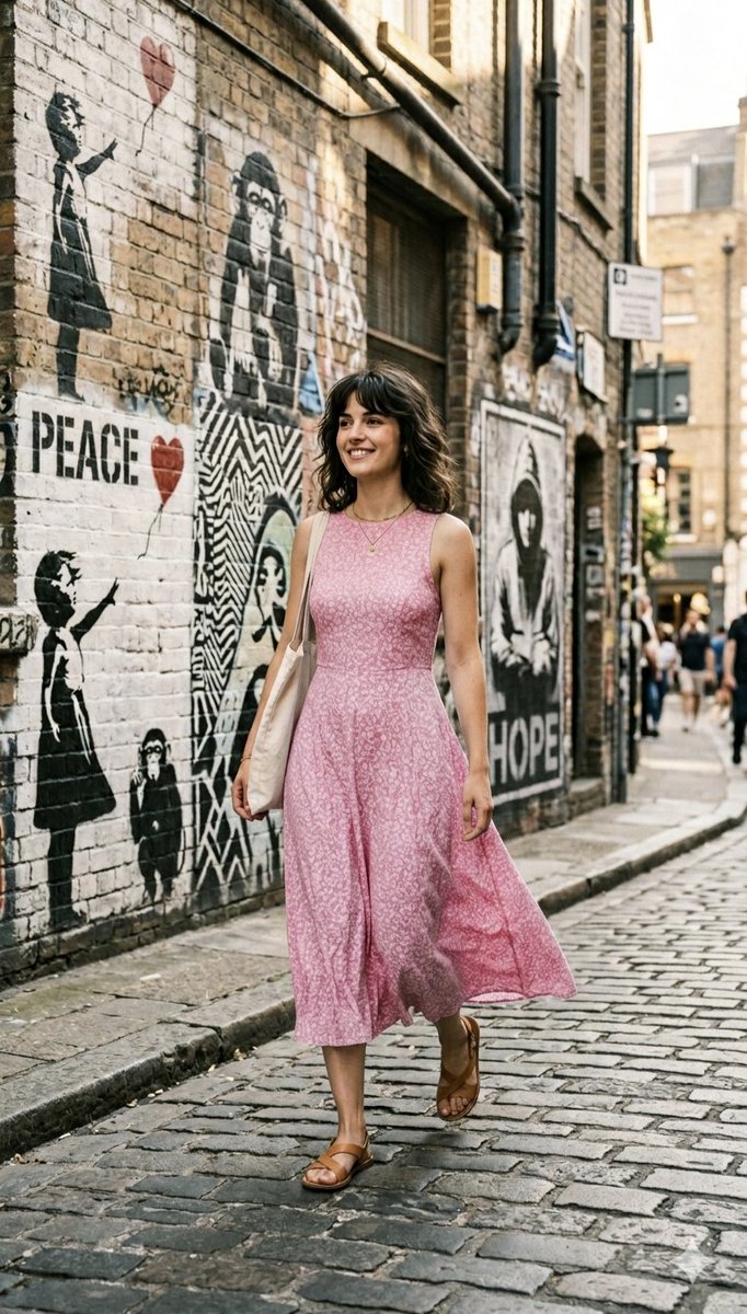 Golden Hour Stroll in a Floral Dress Through Urban Alley