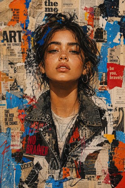 A stylish young person stares through layered paper collage