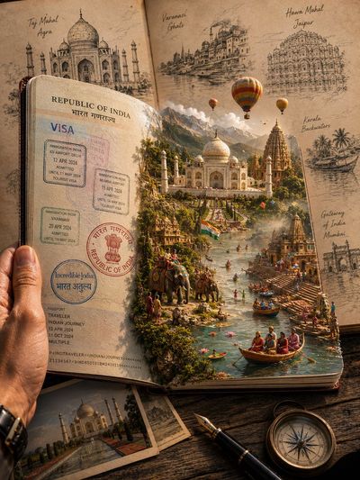 A hand opens a passport notebook revealing a golden pagoda pop-up
