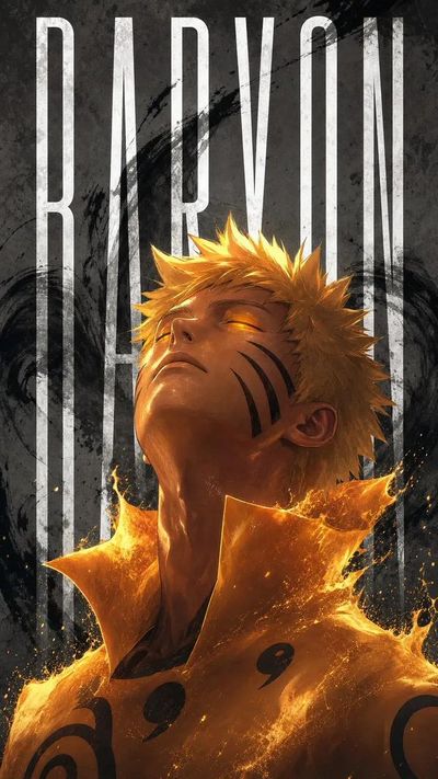 Naruto's Baryon Mode glows with fiery chakra in a dark poster