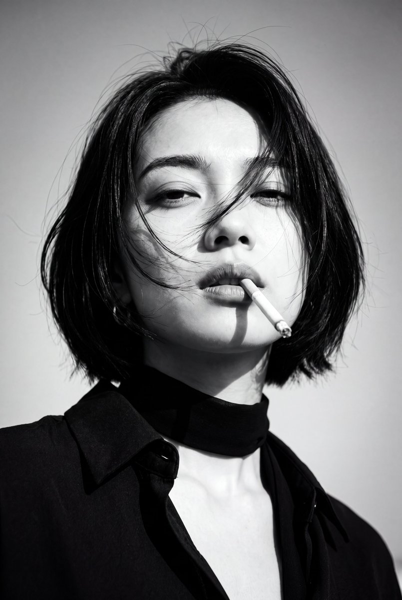 A windswept woman holds a cigarette in a 1970s noir portrait