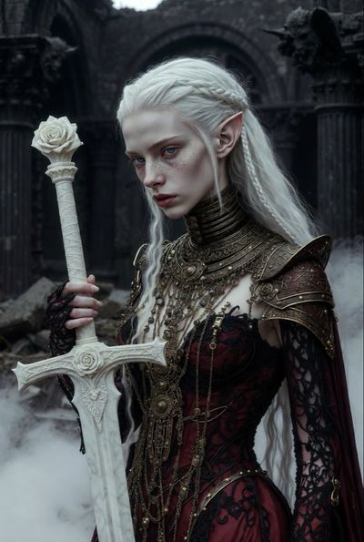 Haunting Elven Warrior Queen in Gothic Ruins