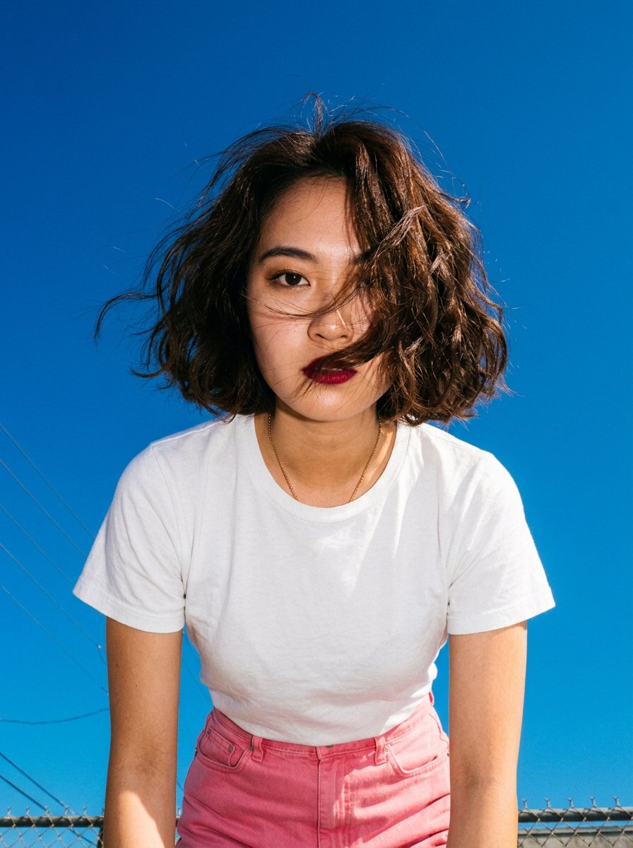Young woman in pink skirt towers against deep electric blue sky
