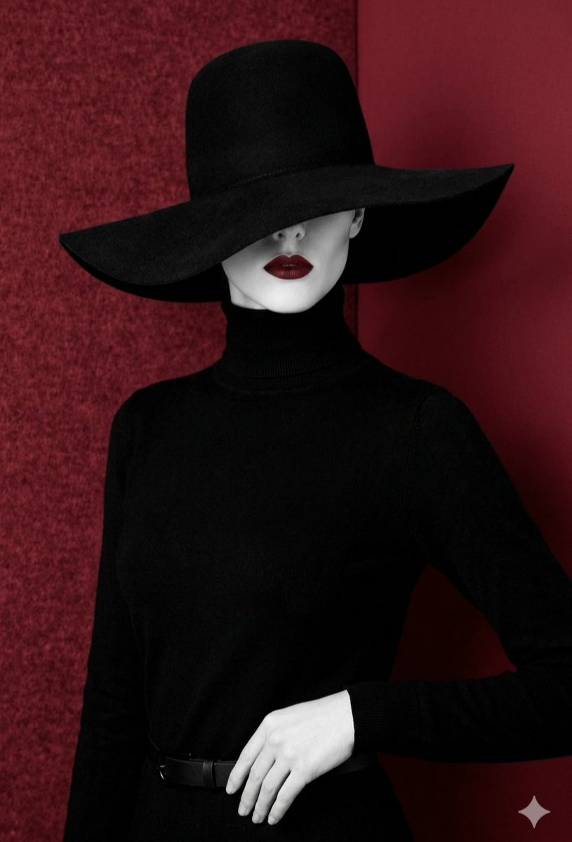 A mysterious woman in black hat reveals only red lips.
