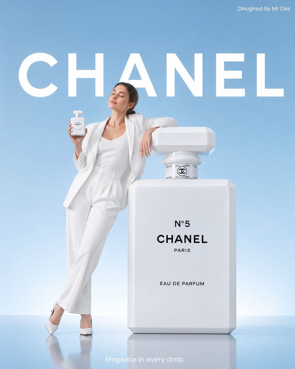 Monochrome Elegance with Oversized Perfume Bottle