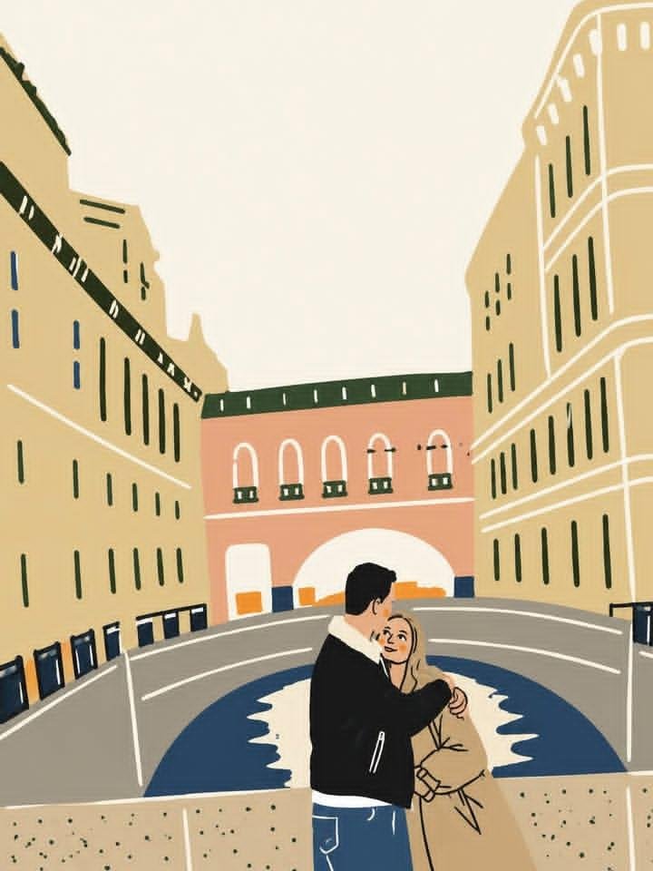 Couple embraces on a bridge as city lights sparkle at dusk
