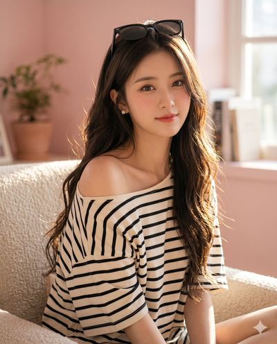 Golden sunlight illuminates a Korean beauty's radiant smile indoors