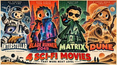 A cheerful mascot collages iconic sci-fi movie scenes in flat paper-cut style