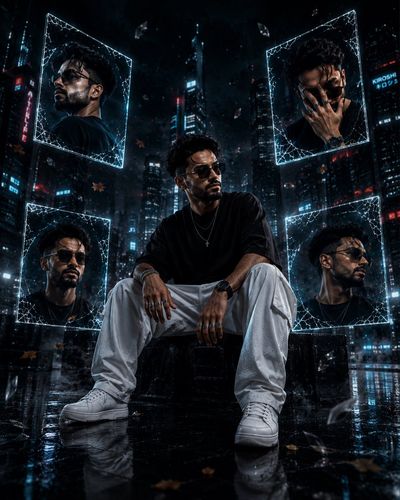 Confident man poses amid holographic panels in cyberpunk city