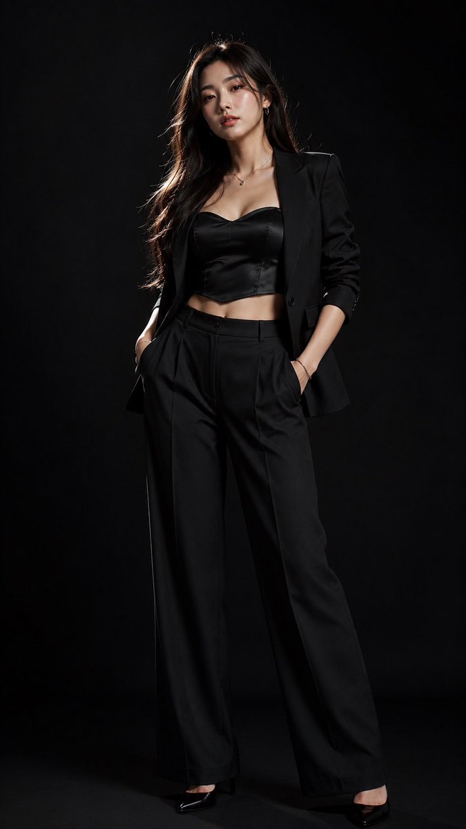 Korean model stands confidently in tailored black blazer and satin camisole