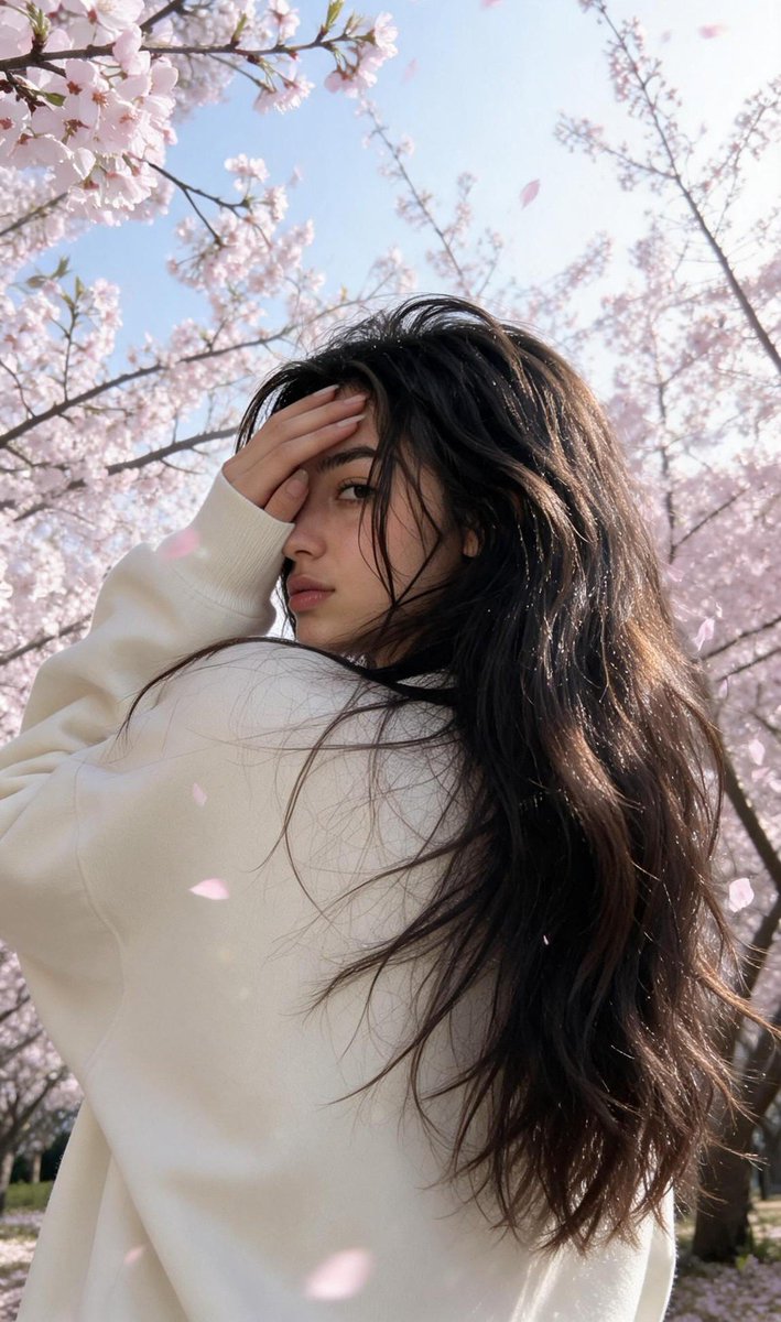 A woman in a cherry blossom grove turns her head away from the camera
