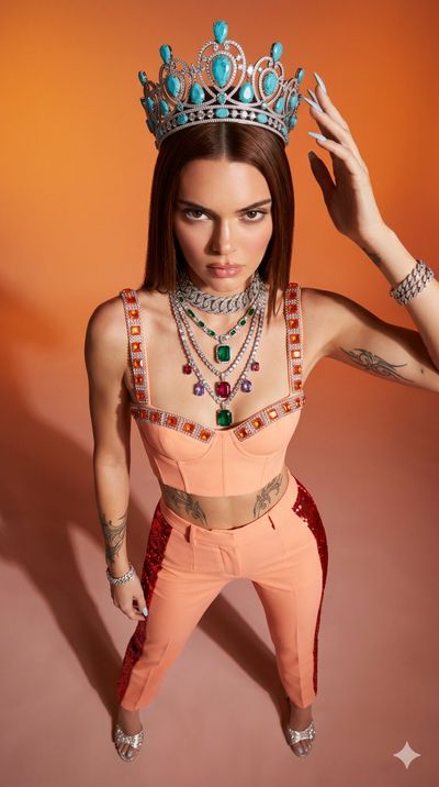 Kendall Jenner wears an orange bustier and diamond crown in studio