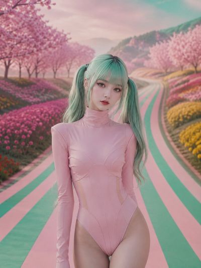 A mint-haired woman walks a striped road through pastel flowers.