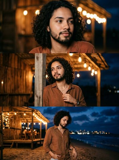 Cinematic Beachside Portrait at Night