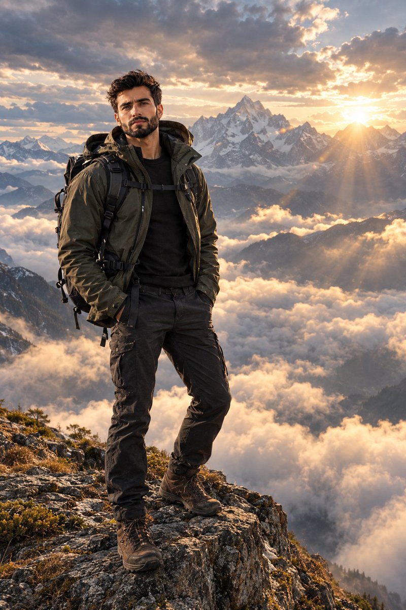 Young Man Stands on Cliff Above Sea of Clouds