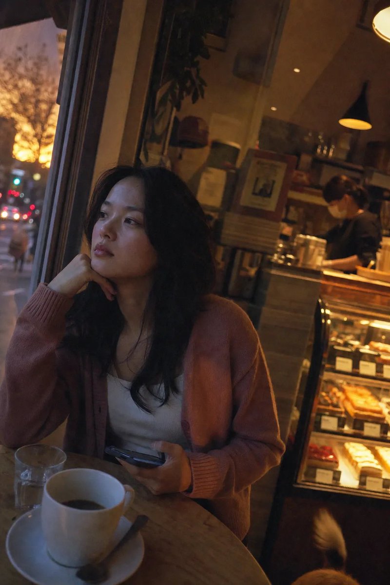 Japanese woman sits pensively in warm amber cafe light