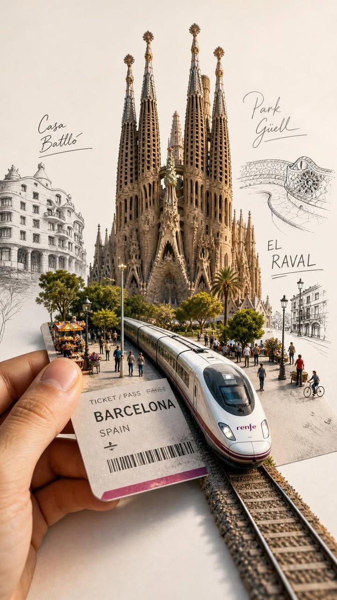 A hand holds a vintage ticket as a tiny train emerges with spires