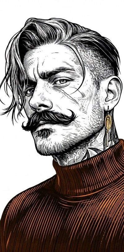 A detailed engraved portrait emerges from vintage woodcut line art