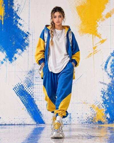 Confident woman strides forward in bold blue and yellow streetwear