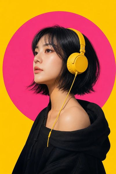 Confident woman with bob haircut wears oversized yellow headphones
