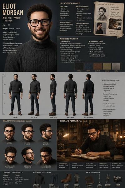 Asymmetrical Character Design Sheet for Cinematic Pitch