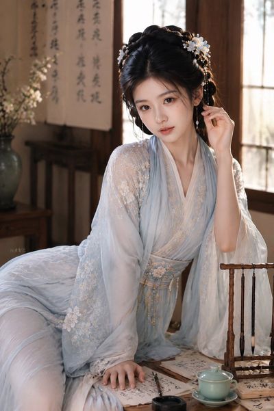 A woman in flowing Hanfu sits on a wooden desk with sunlight streaming in