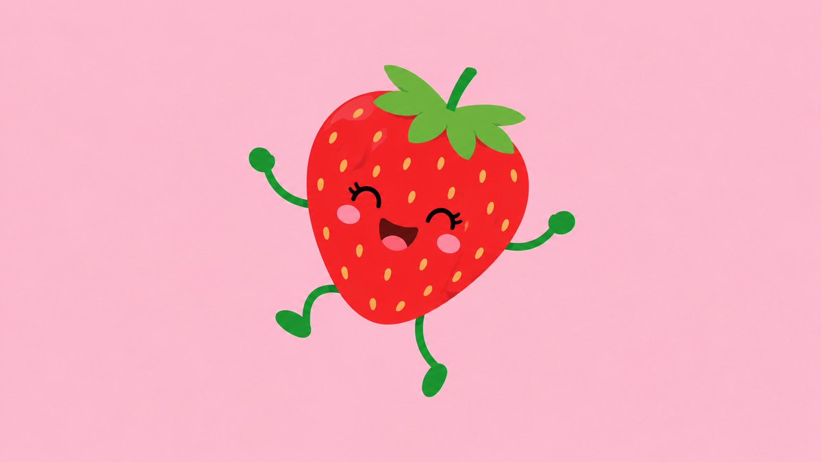 A cheerful strawberry waves hello with a bright smile