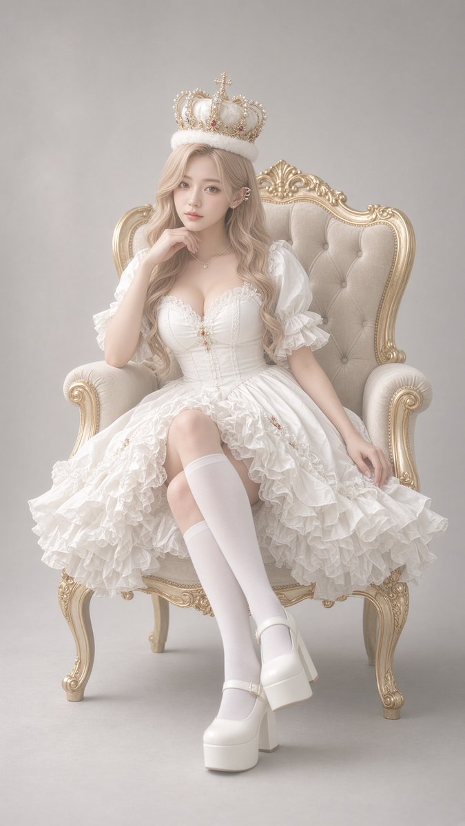 Elegant blonde woman in white Lolita dress sits on velvet armchair