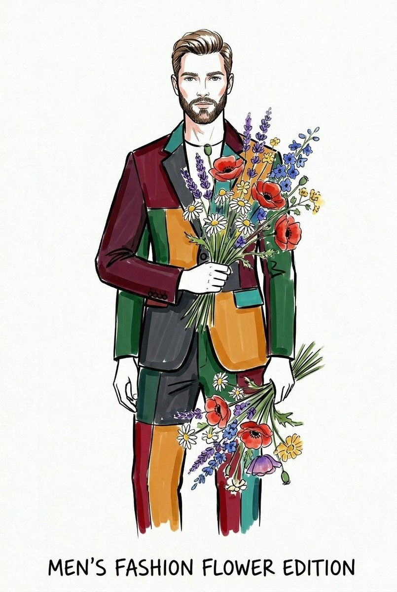 A stylish model in vibrant watercolor holds wildflowers and poses elegantly.