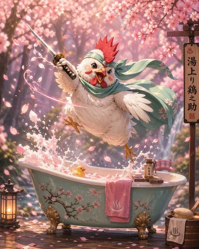 Cherry Blossom Ninja Chicken in Pastel Forest