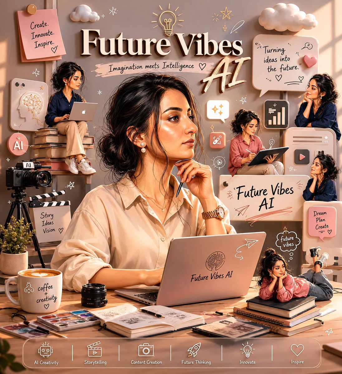 Cinematic creator woman works at dreamy Future Vibes AI desk
