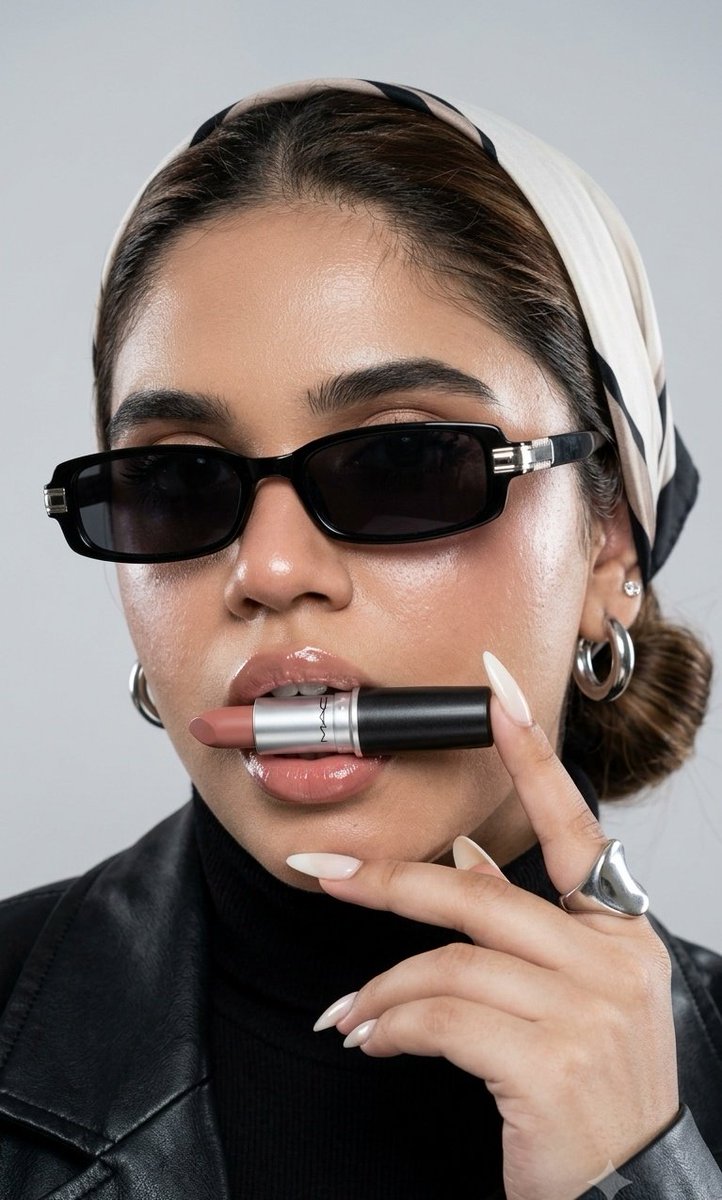 A model holds a lipstick between her teeth in a studio