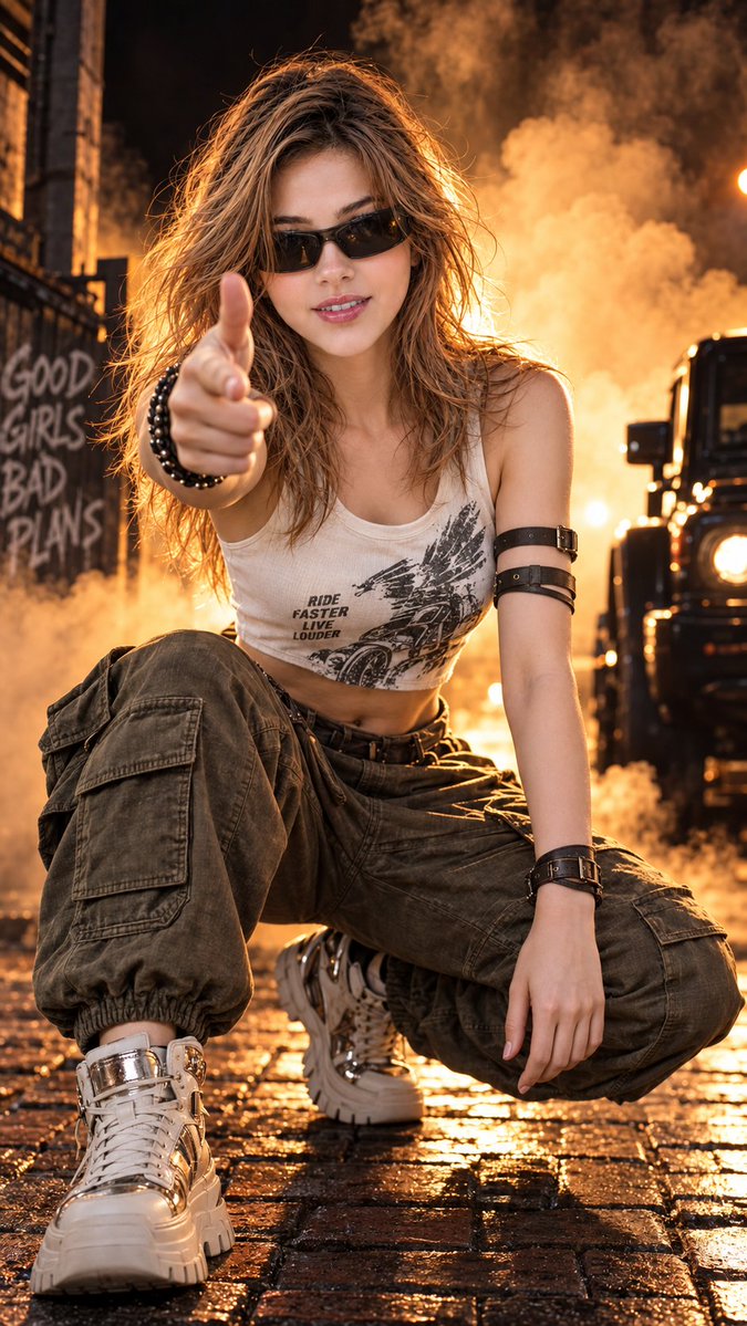 Rebel woman aims finger gun through smoke in cinematic night portrait