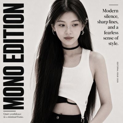 A monochrome fashion portrait with flowing black hair and silver earrings.